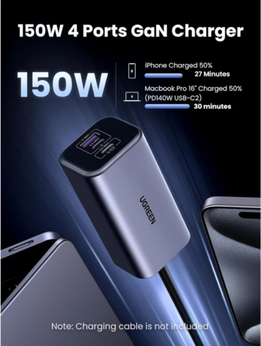 Karikues për veturë UGREEN EC706 (35571) 150W, 4 porta, PD 3.1 140W, GaN, kabllo 1m, gri/zi