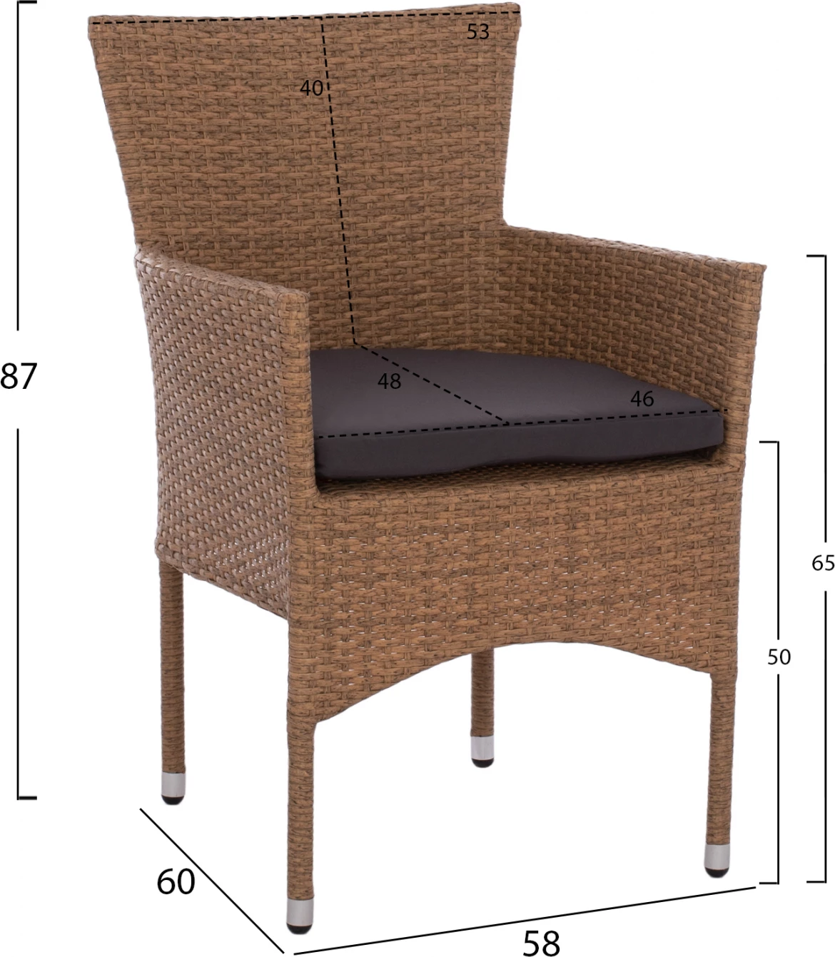 Karrige për jashtë metalike me jastëk & thurje kashte kafe FH5684.02 58x59x84cm