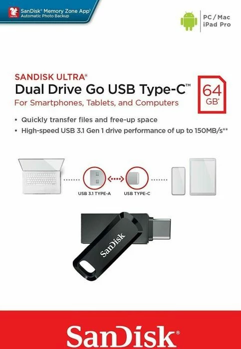 Memorie USB SanDisk Ultra Dual Drive Go SDDDC3-064G-G46 64 GB USB-C/USB-A USB 3.2 Gen 1 e zezë