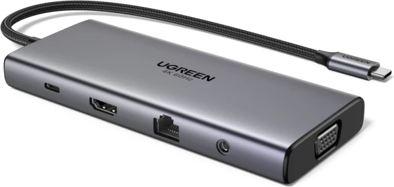 Hub USB-C UGREEN 45520 11-në-1, PD 100W, HDMI 4K@30Hz, VGA, RJ45 Gigabit, SD/TF, AUX 3.5mm, gri e errët