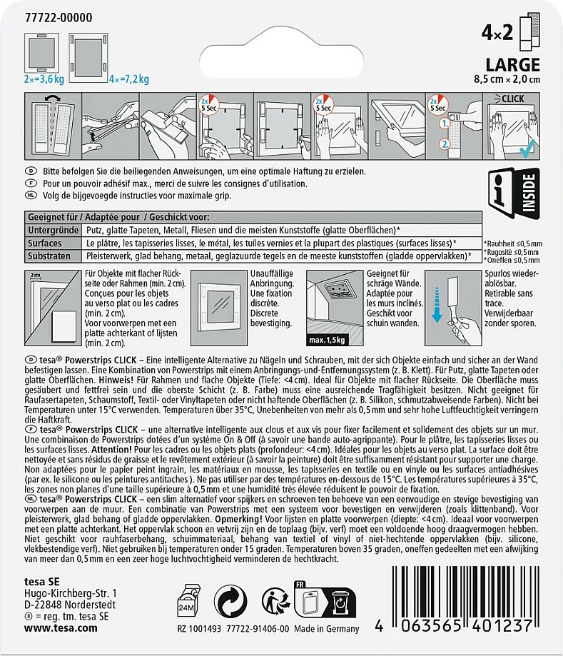 Shirita ngjitës tesa Powerstrips Click Large, mbajtje deri 7.2 kg, të bardhë