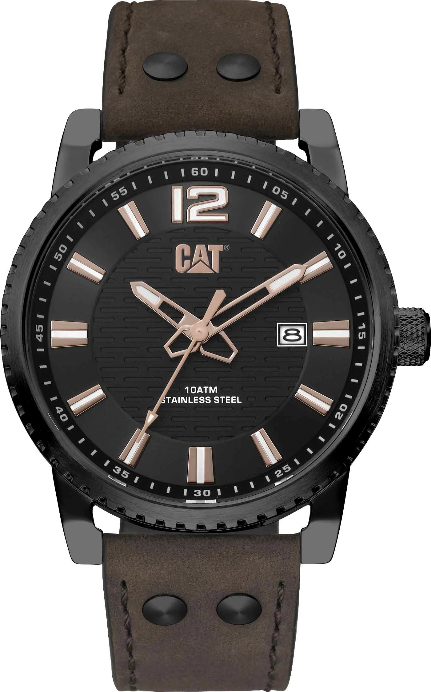 Orë dore CAT Utility NP.161.35.139, 44 mm, 100 m, rrip lëkure, E zezë/rose gold, kafe