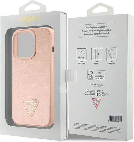 Mbështjellës Guess Croco Triangle Metal Logo për iPhone 15 Pro Max, Rozë