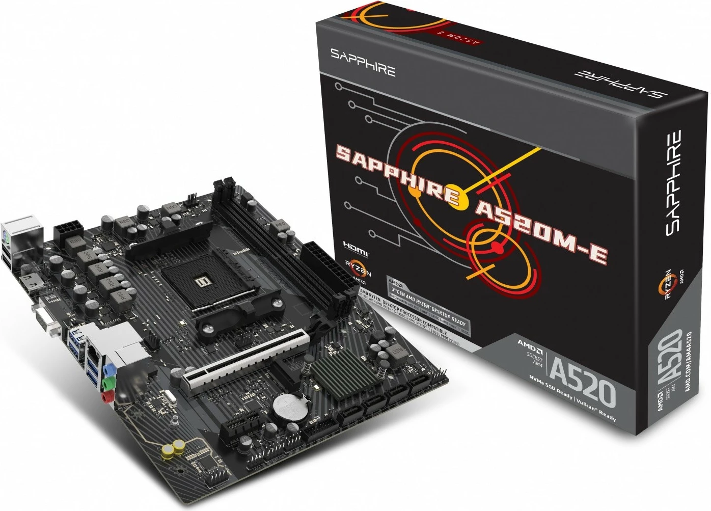Pllakë amë, Sapphire, A520M-E, Socket AM4, AMD A520, mATX, 2x DDR4 deri 64GB, PCIe 3.0, M.2
