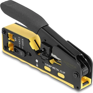 Pincë krimpimi DeLOCK 90583, për RJ-11/RJ-45, me prerës/zhveshës kablli, zezë/verdhe