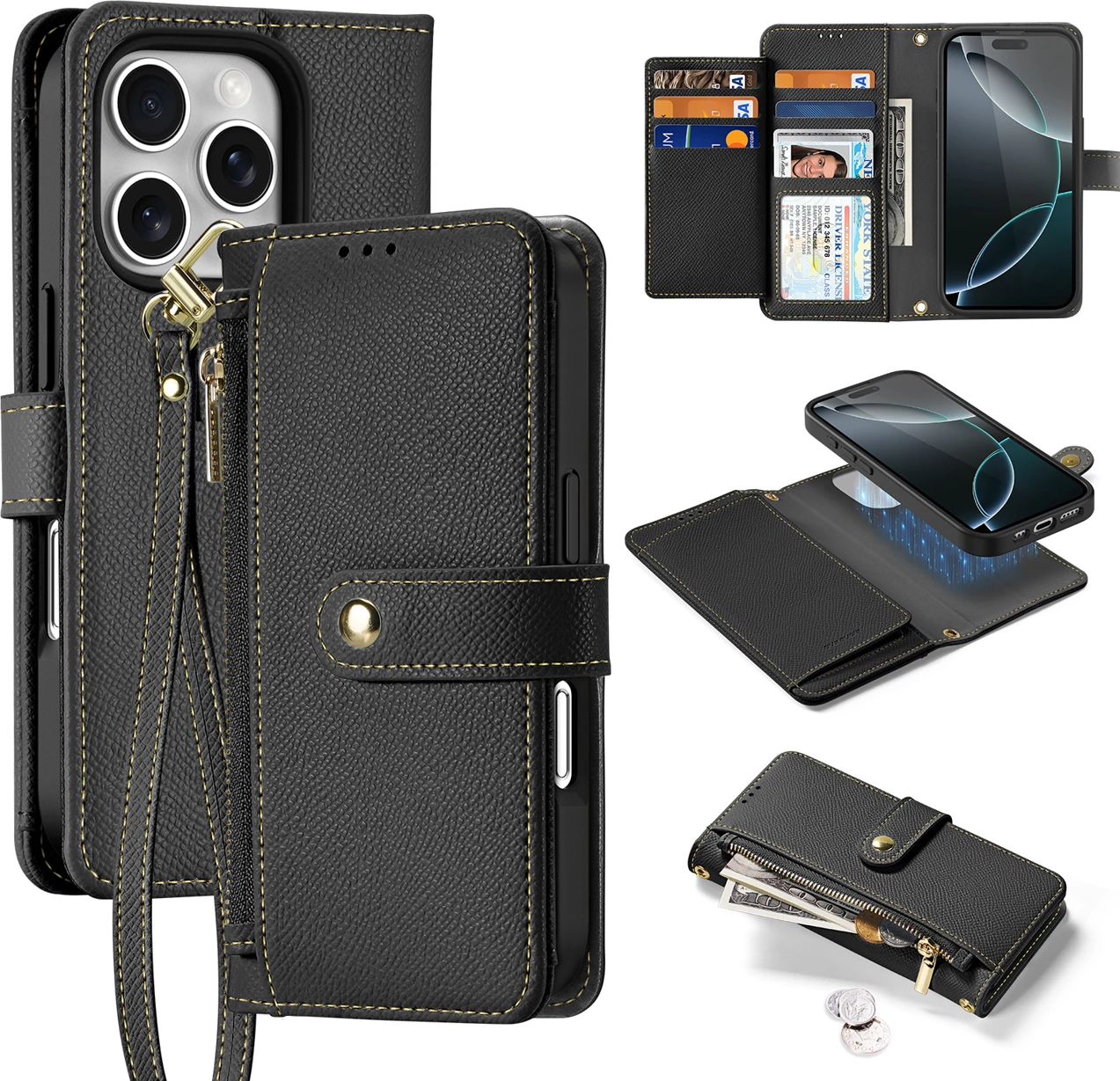 Mbështjellës Dux Ducis Lawa për iPhone 16 Pro Max, lëkurë, me portofol magnetik, i zi