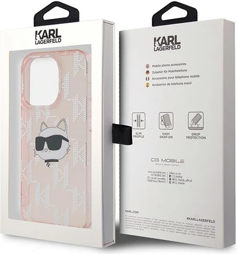 Mbështjellës Karl Lagerfeld IML Choupette Head & Monogram për iPhone 14 Pro, Rozë