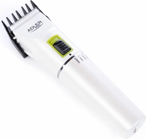 Makinë për prerje flokësh ADLER AD2827, Li-ion 2200 mAh, 5 orë punë, 2 shpejtësi, 4 krehëra 3/6/9/12 mm, me stacion karikimi, e bardhë/argjend, set