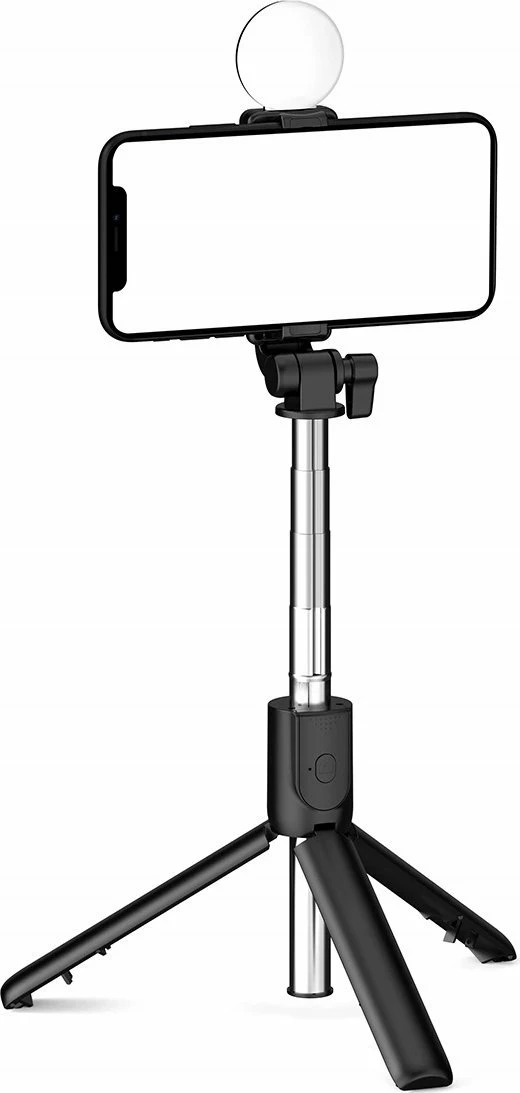 Selfie stick Hurtel WH1YXS teleskopik tripod 103 cm me llambë rrethore LED, mbajtës telefoni dhe Bluetooth remote, i zi