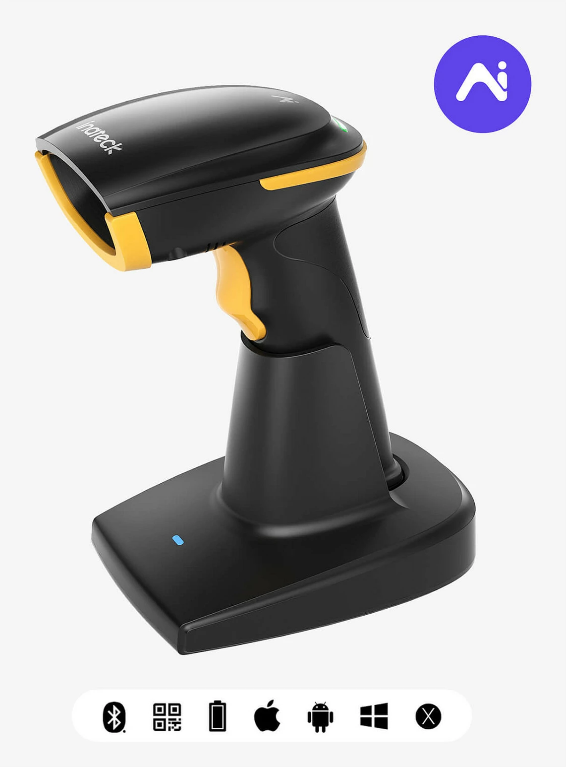 Skaner barkodi Inateck BCST-36, 2D, Bluetooth/USB, me bazë karikimi, Zi/Verdhë