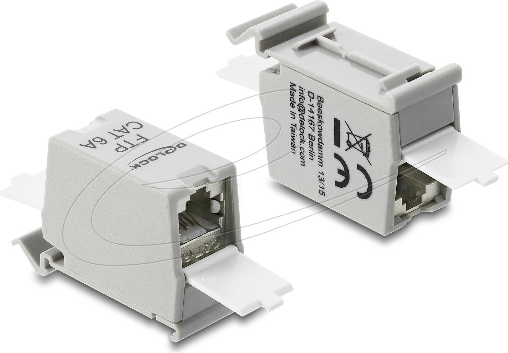 Bashkues RJ45 DeLOCK 90933, Cat6a, femër-femër, montim DIN rail, i rrafshët, bardhë/gri