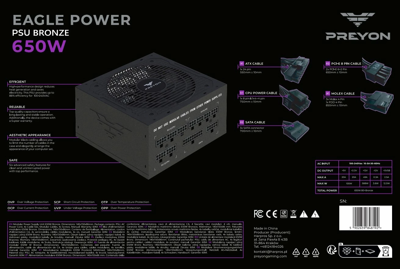 Furnizues rryme PREYON Eagle Power Bronze PEPB650W 650W 80 Plus Bronze, fully modular, ATX, i zi