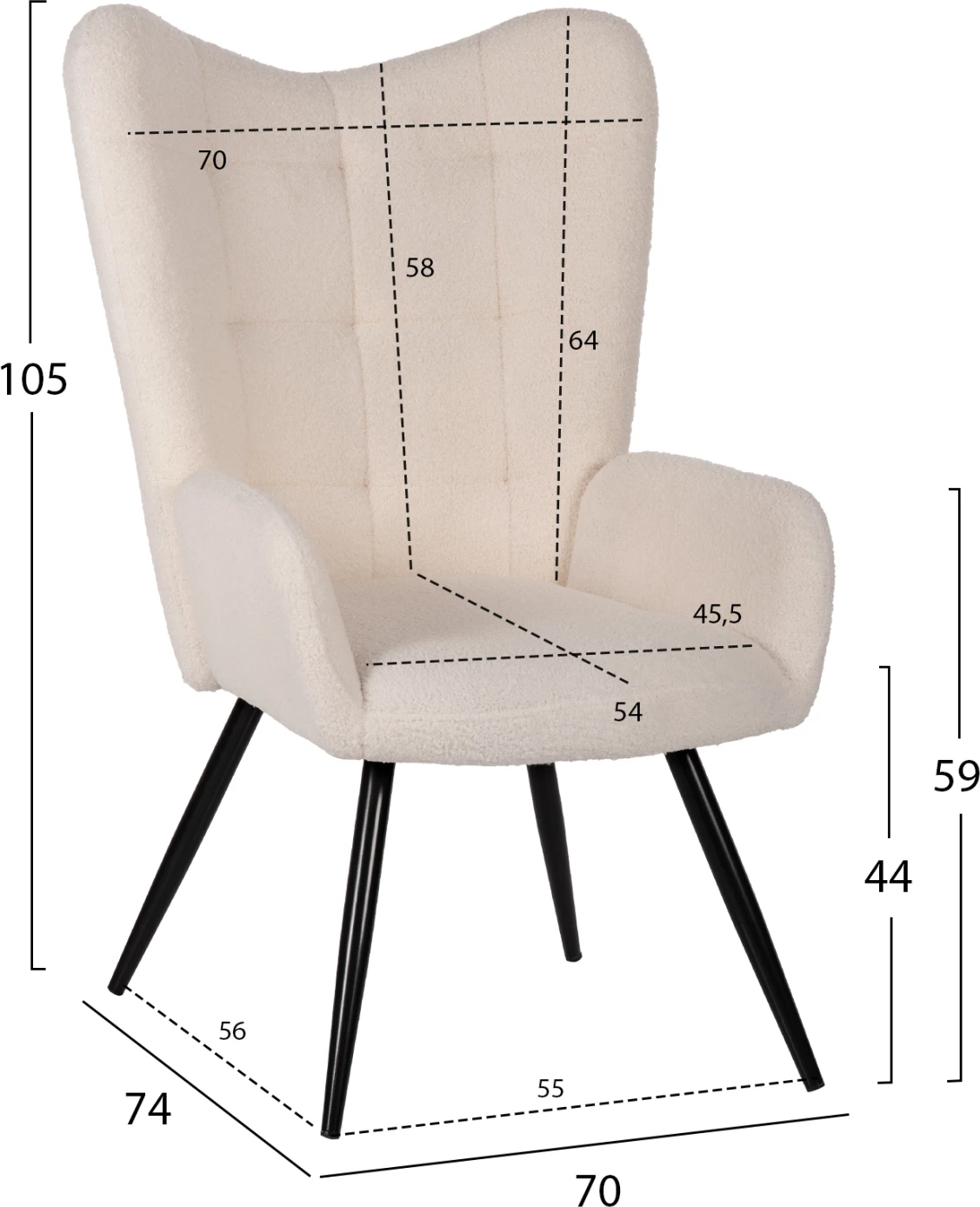 Fotel CRAWLEY me tabure, stof boucle i bardhë, këmbë metalike të zeza, FH8918.25, 70x74x105cm