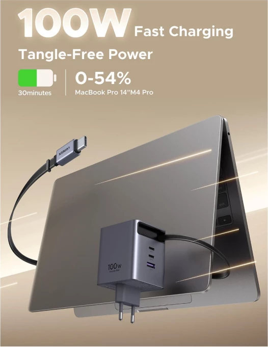 Karikues USB-C GaN UGREEN X616 (65828) 100W me kabllo tërheqëse 0.75 m, 4 porta, gri