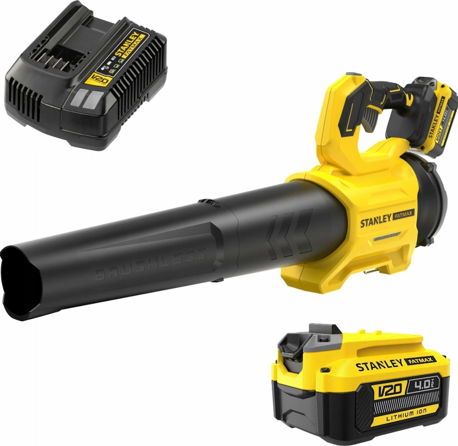 Fryrës gjethe Stanley SFMCBL730M1-QW V20 Gen2 18V 4.0Ah Brushless, set me bateri + karikues, verdhë/zezë