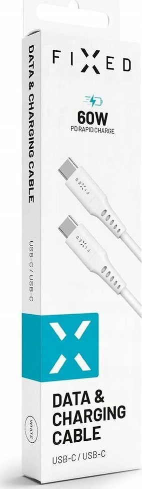 Kabllo USB-C në USB-C Fixed FIXDLS-CC12-WH 1.2 m PD 60W e bardhë, me organizer ngjitës dhe shirit Velcro