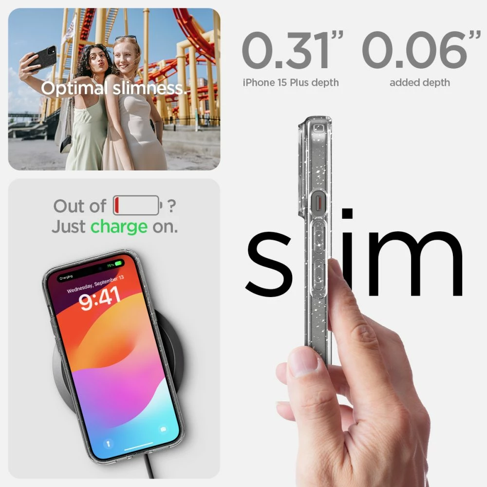 Mbështjellës Spigen Liquid Crystal Glitter për iPhone 15 Plus, Transparent me shkëlqim