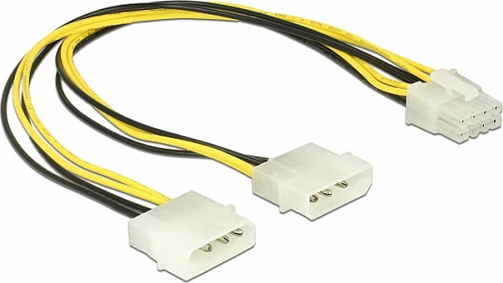 Kabllo adaptor rryme DeLOCK 85453, 2x Molex 4-pin në EPS12V 8-pin, 0.3 m, zi/verdhe