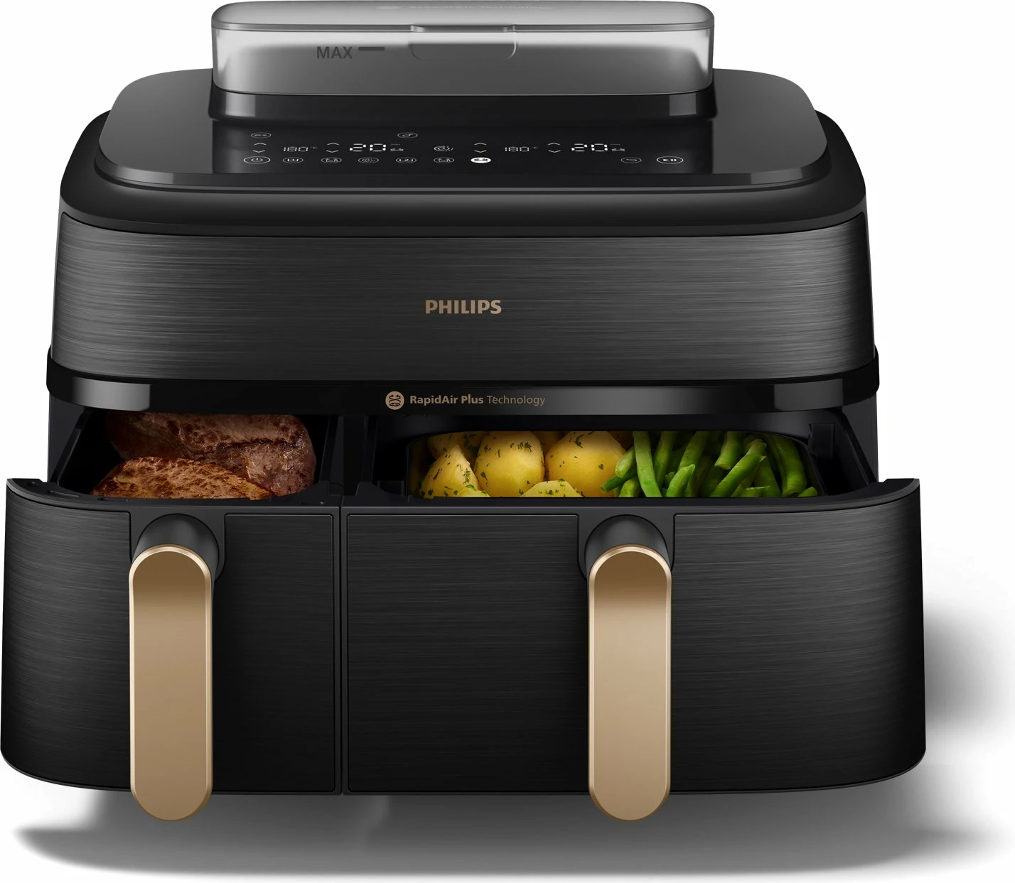 Fritezë pa vaj Philips Ovi Dual Basket NA552/00 9L (6L+3L) 2750W, e zezë