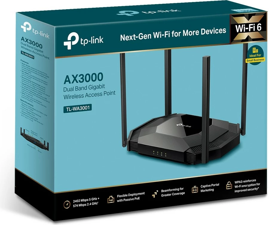 Access point TP-Link TL-WA3001, Wi-Fi 6, AX3000, 4 antena, PoE, e zezë