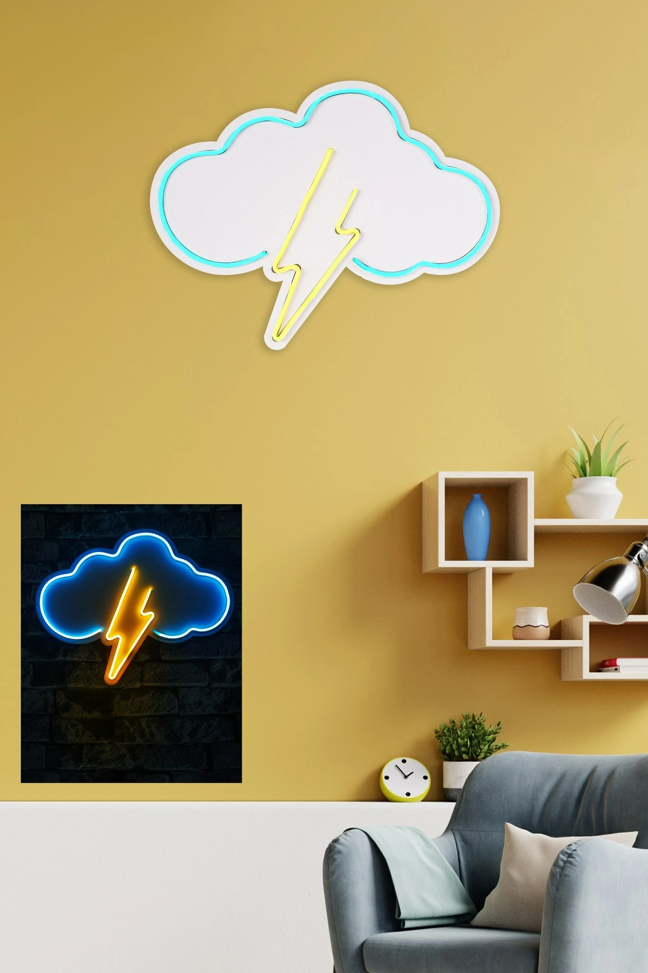 Dritë dekorative murale LED, formë re me rrufe, plastike, blu dhe verdhë