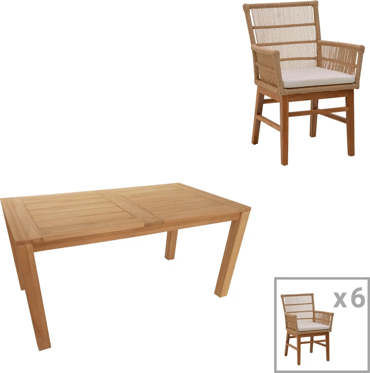 Tavolinë me karrige Inca-Pablo, set prej 7 pjesësh, ngjyrë natyrale-bezhë, 160x90x76cm