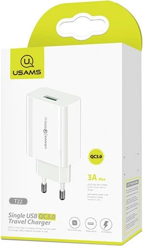 Adapter karikues muri USAMS T22, 18W, 1xUSB, QC 3.0, Bardhë