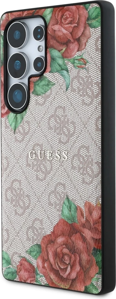 Mbështjellës Guess Leather 4G Flowers Print Metal Classic Logo MagSafe për Samsung Galaxy S25 Ultra, Rozë