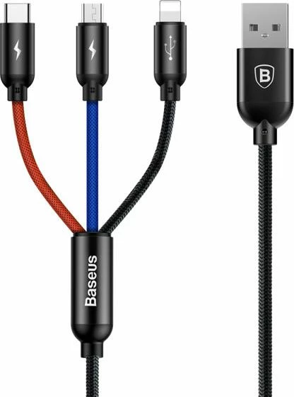 Kabllo USB Baseus Three Primary Colors 3w1 31567-uniw, USB-A në USB-C + microUSB + Lightning, 1.2 m, USB 3.0, e zezë