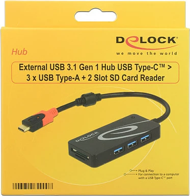 Hub USB-C DeLOCK, 3x USB-A + lexues SD/MicroSD, USB 3.2 Gen 1, i zi