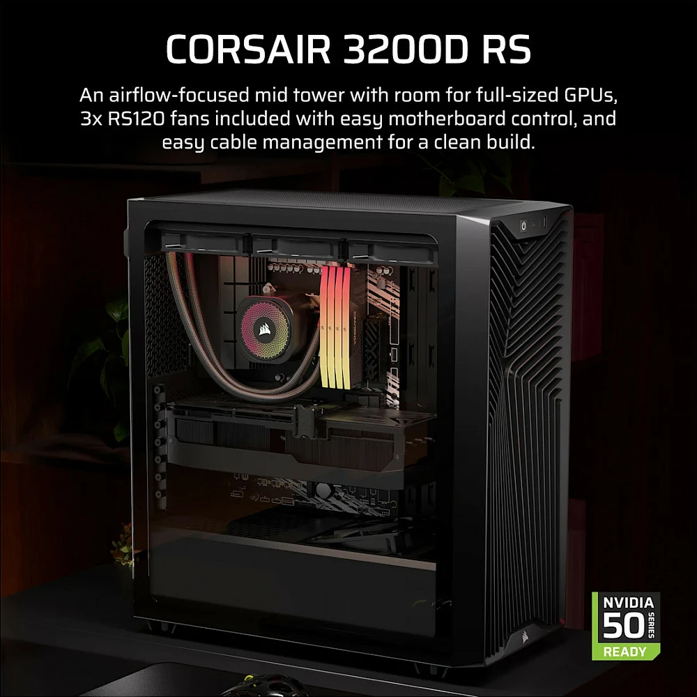 Kasë Corsair 3200D RS, Midi Tower, xham i kalitur, 3x120mm fanë, USB-C, e zezë