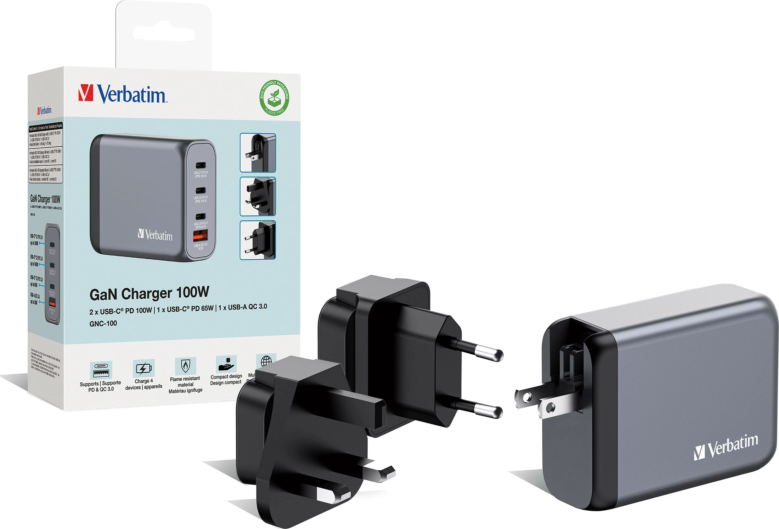 Karikues Verbatim GaN 100W, 3x USB-C PD 3.0 + 1x USB-A QC 3.0, gri