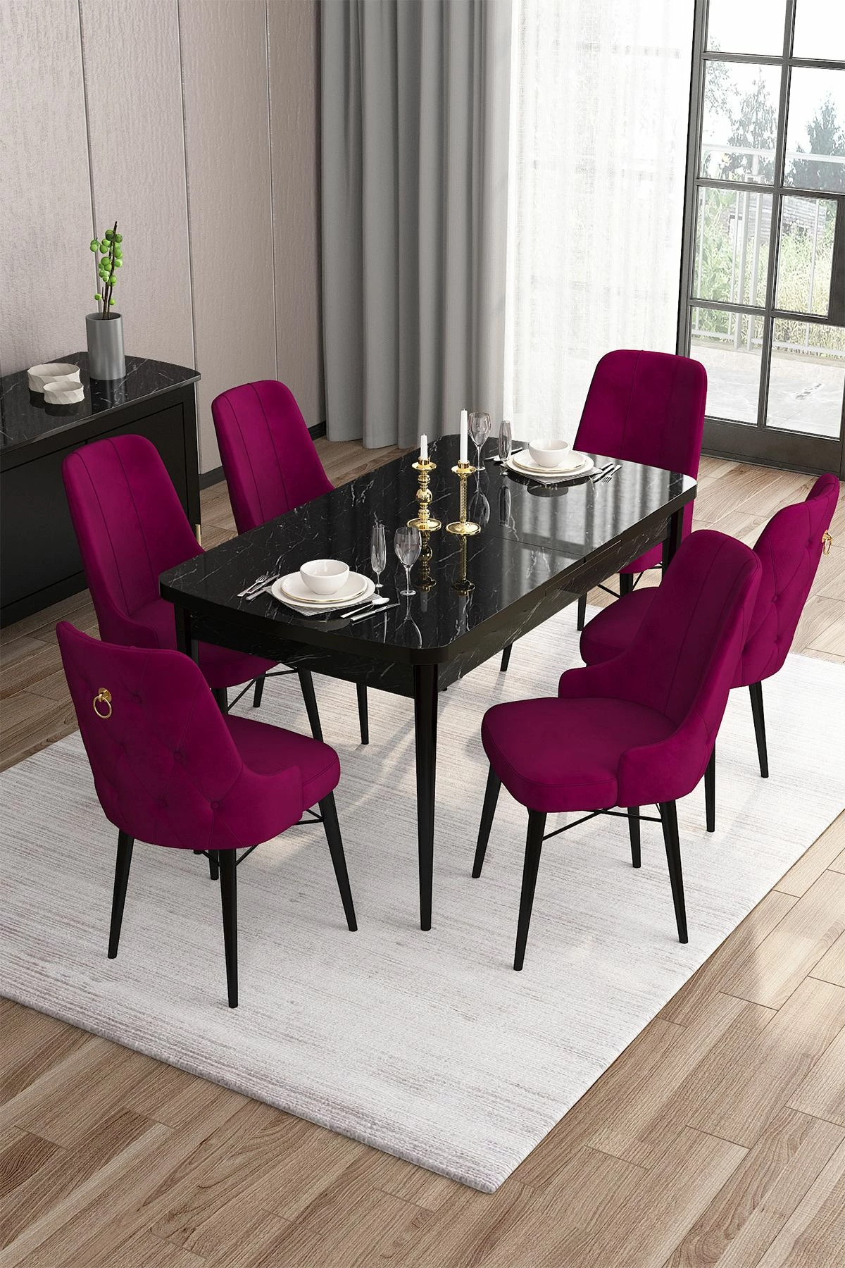 Tavolinë me karrige, zgjatshme, sipërfaqe mermeri të zi, karrige damson, 7 copë, Skye Decor