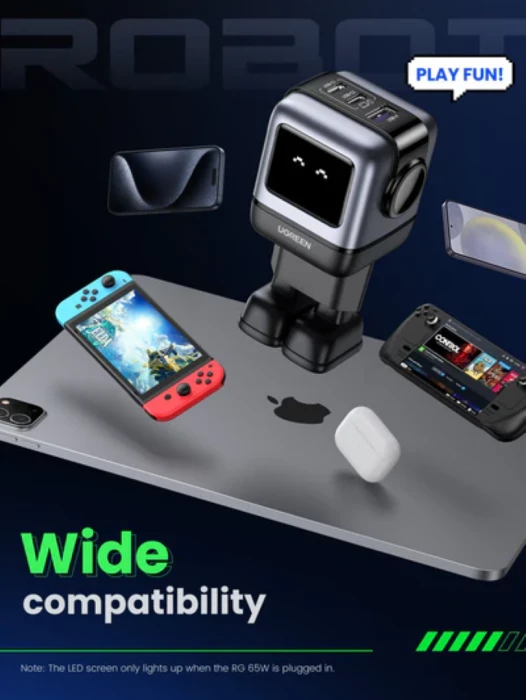 Karikues UGREEN Nexode Robot GaN 65W MPN 25685B, 2x USB-C + 1x USB-A, me LED ekran, gri