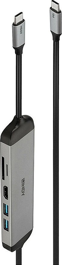 Docking stacion USB-C Lindy DST-Micro 140, HDMI 4K, 2x USB-A, SD/microSD, USB PD deri 100W, Zi/Hiri