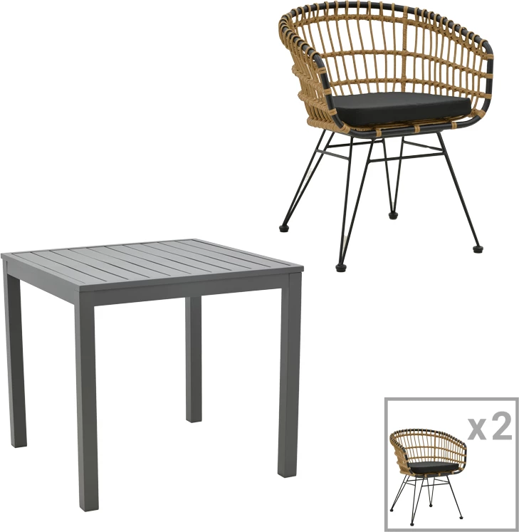 Set tavolinë me dy karrige Kliton-Naoki, alumin, ratan PE, metal, ngjyrë antracit-natyrale, 80x80x74cm