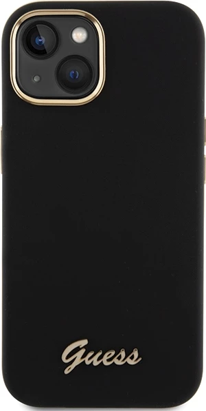 Mbështjellës Guess Silicone Script Metal Logo & Frame për iPhone 15, i zi