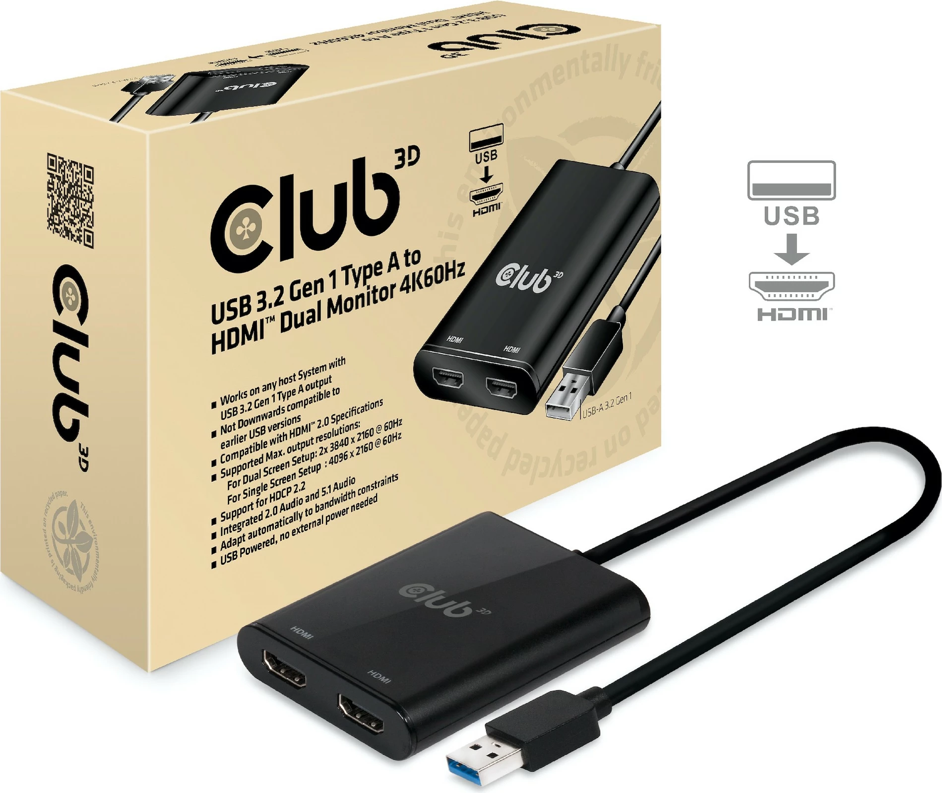 Adapter Club 3D USB-A 3.2 në HDMI 2.0, Dual Monitor, 4K60Hz, i zi