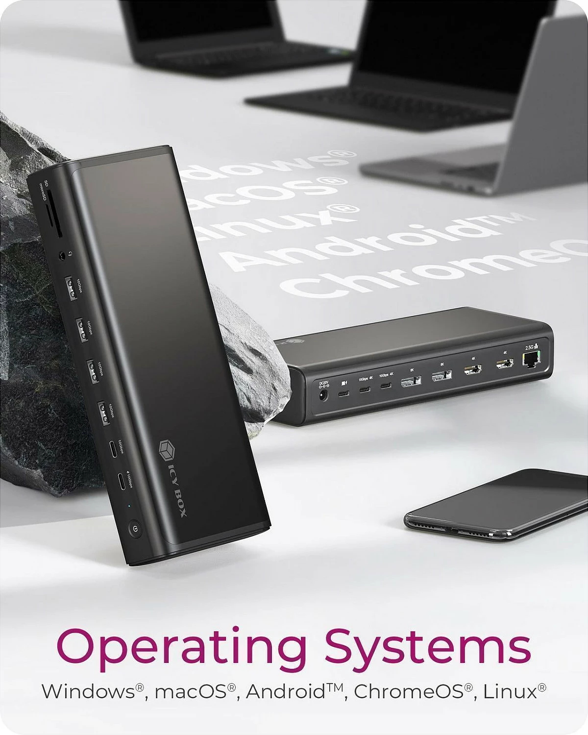 Docking station ICY BOX IB-DK7401-CU31, USB-C 3.2 Gen 2, 8K, 2x HDMI, 2x DisplayPort, 2.5GbE, e zezë