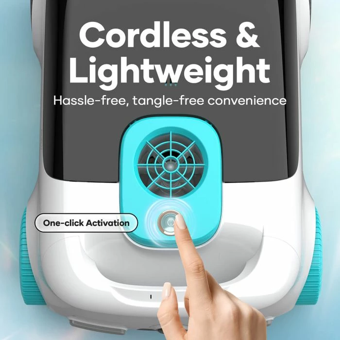 robot pastrues pishine AIPER Scuba L1, me bateri 7800mAh, 250 LPM, deri 100m², 100 min, bardh/zi me detaje turkeze
