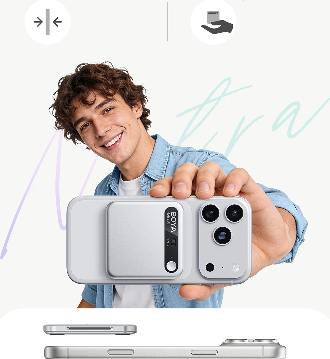 Regjistrues zëri BOYA Notra AI 64GB, USB-C/Bluetooth/Wi‑Fi, 24h, argjendtë