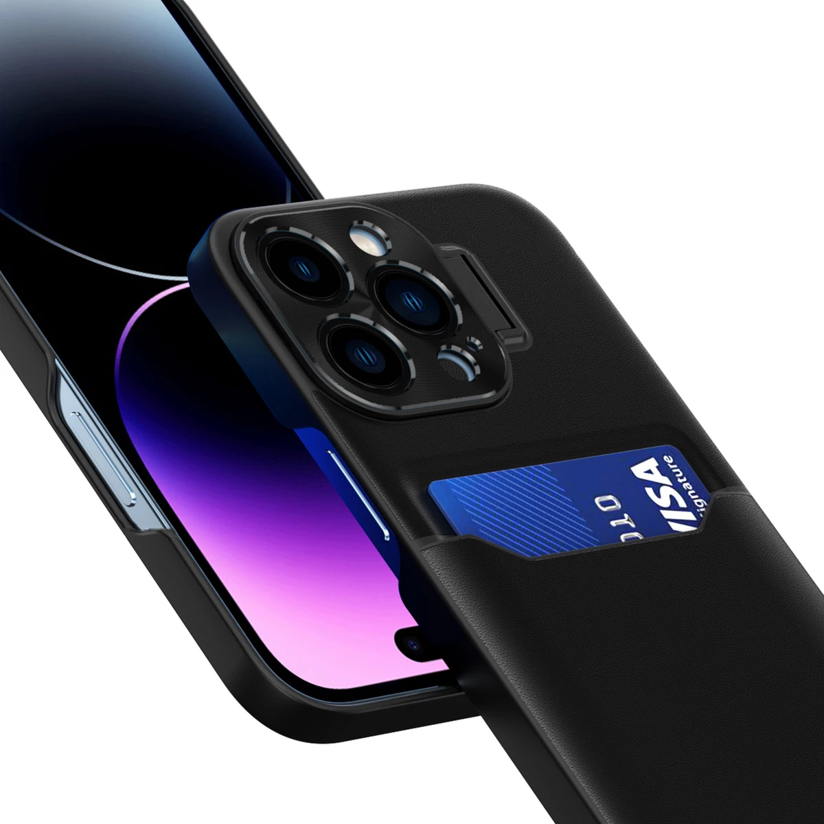 Mbështjellës Hurtel Leather Stand Case për iPhone 14 Pro, me xhep kartelash dhe mbajtëse, e zezë