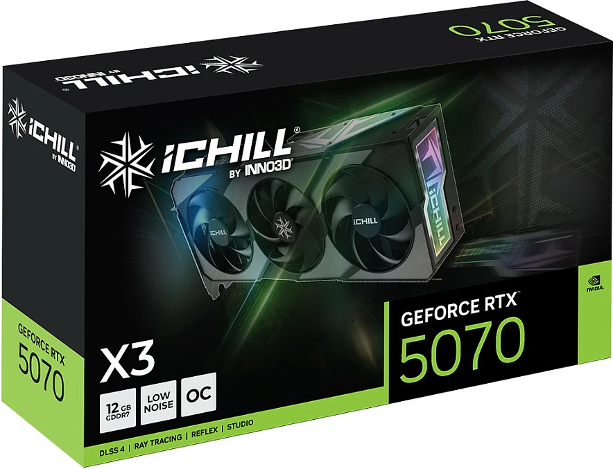 Kartelë grafike Inno3D GeForce RTX 5070 iChill X3, 12GB GDDR7, 3 fan, PCIe 5.0, e zezë