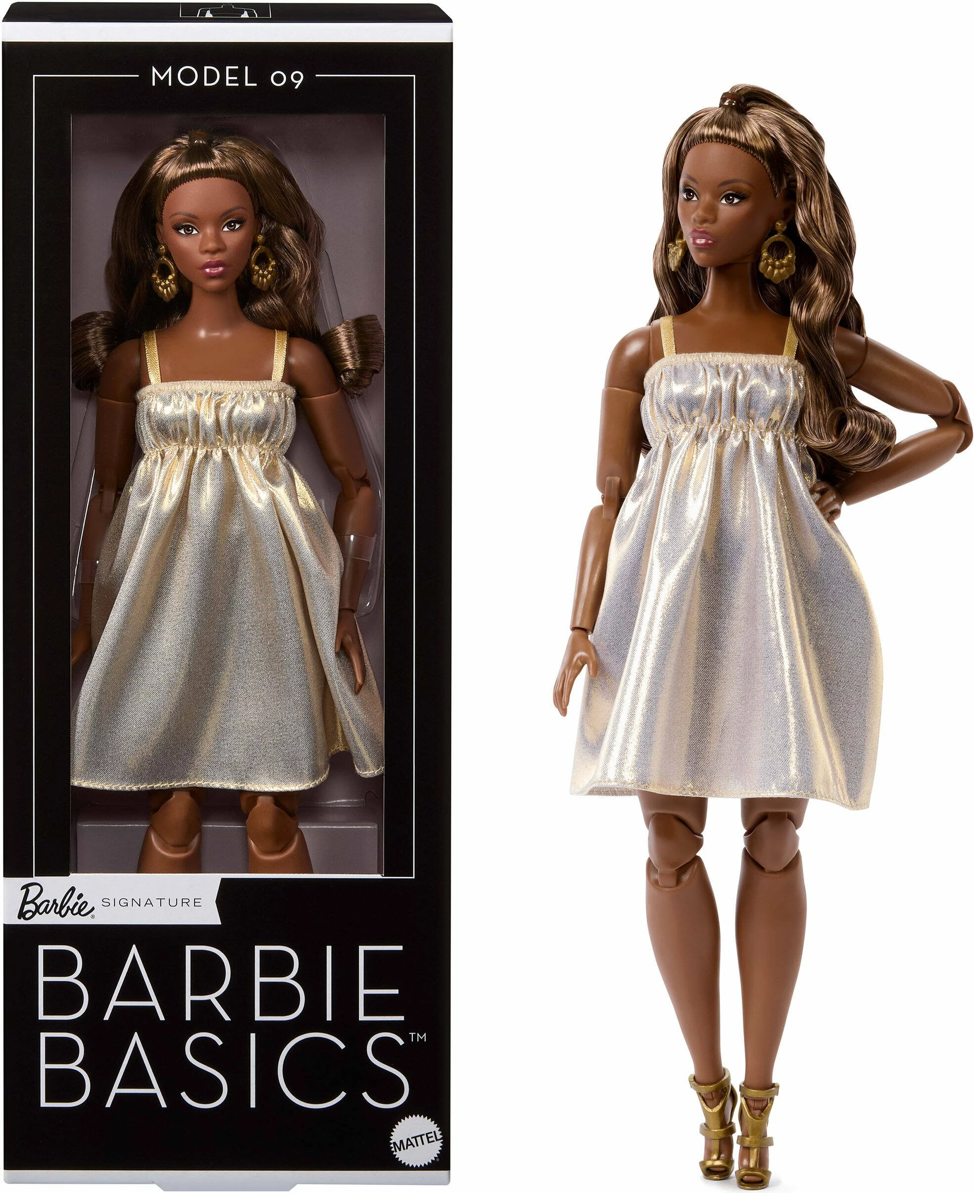Kukull Barbie Mattel Signature Basics Model 09 JJX28, me qëndrim dhe certifikatë, bezhë/ari