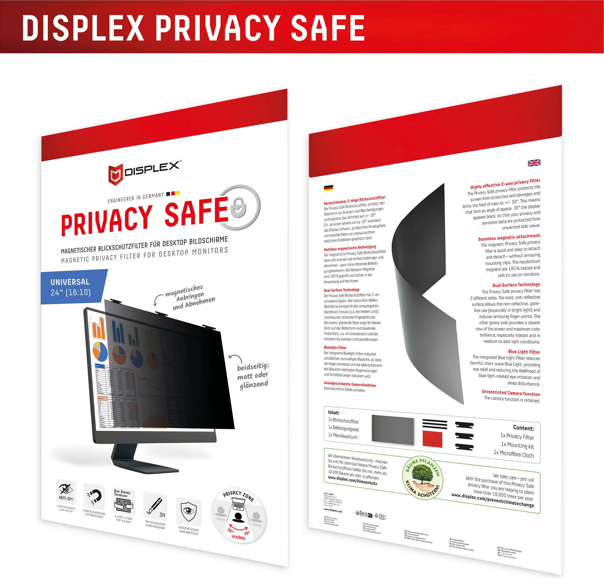 Filtër privatësie për monitor Displex Privacy Safe Desktop Uni 24" 16:10, magnetik, anti-blue, i zi