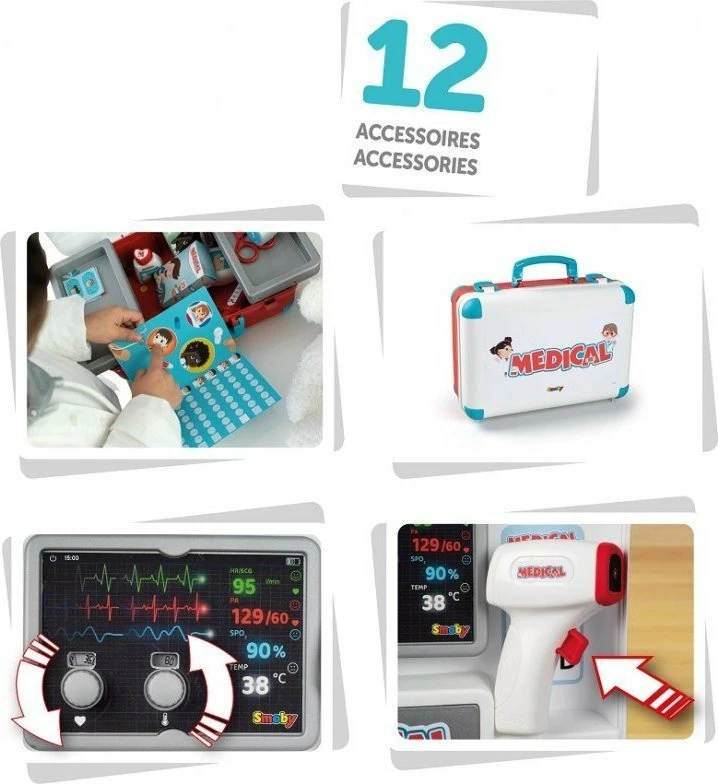 Çantë mjeku lodër Smoby Medical, set 12 pjesë, e kuqe/bardhë/bojëqielli