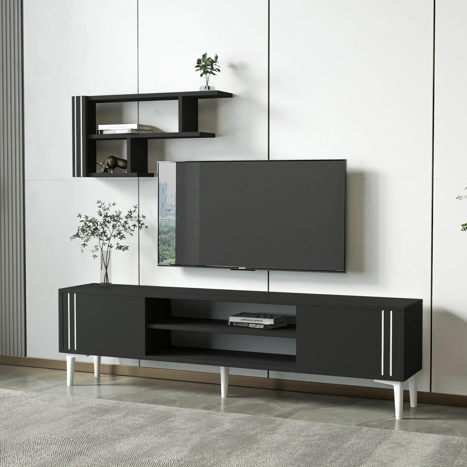 Set TV Skye Decor, ngjyrë antracit, me raft muri