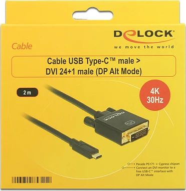 Kabllo USB-C në DVI DeLOCK 2m, 4K 3840x2160, e zezë