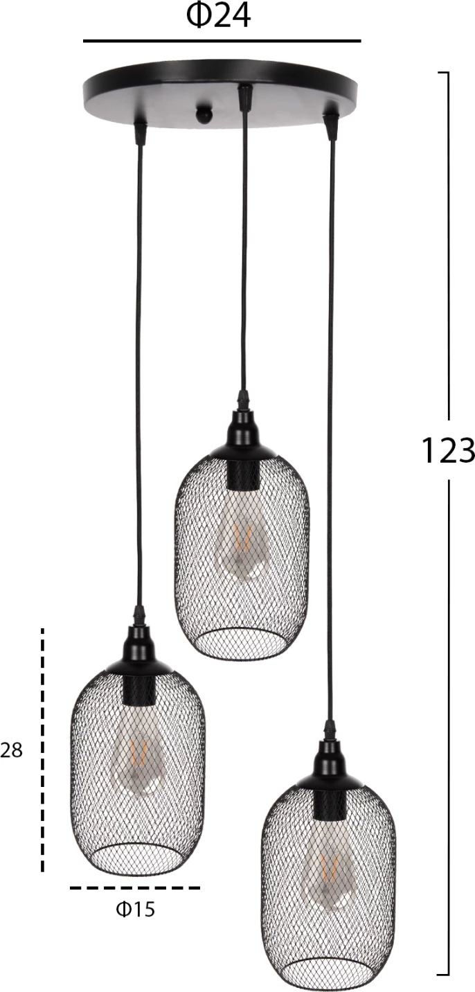 Llambë varëse tavani, 3 drita, rrjetë metali e zezë, FH4104, Φ24x123H cm