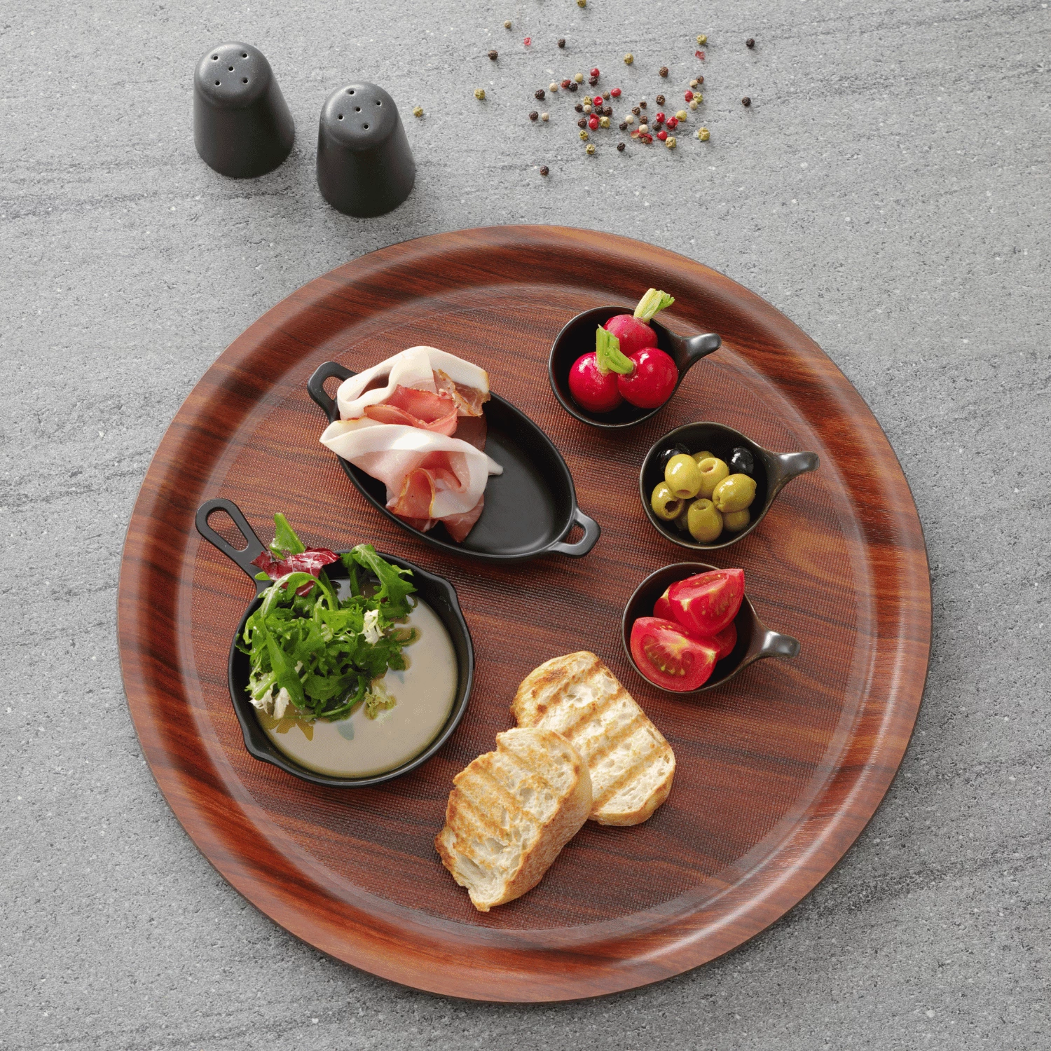 Tabaka, Amerbox Montana, rrethore Ø360 mm, anë të lartë, sipërfaqe kundër rrëshqitjes, kafe dru arrë
